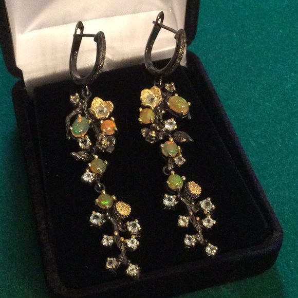 Exquisite Genuine Opal Earrings with Aquamarines